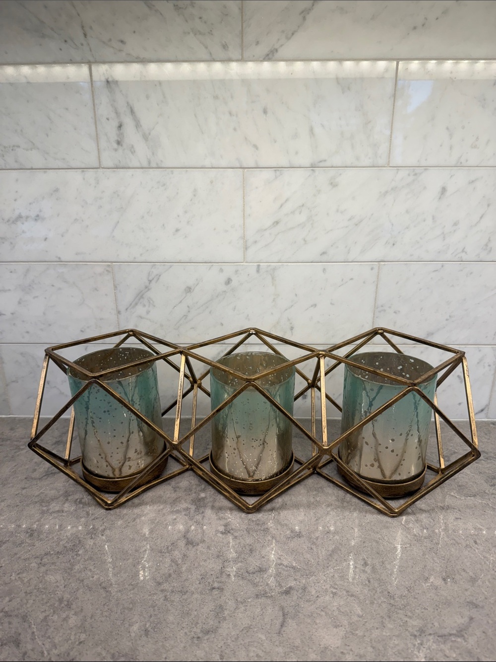 Gold Geometric Triple Candle Holder with Teal Glass